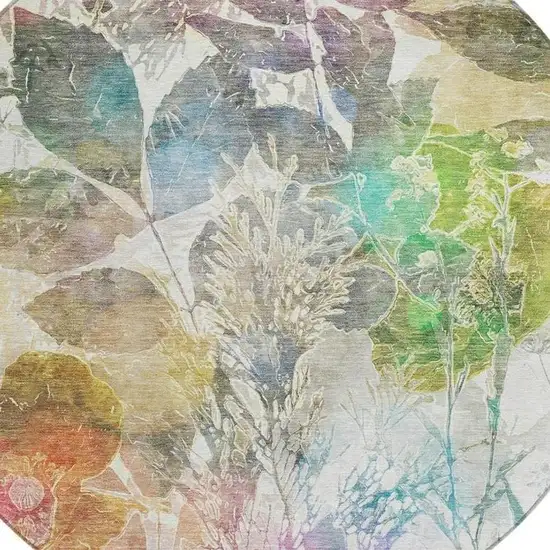 8' Green And Ivory Round Botanical Leaves Washable Indoor Outdoor Area Rug Photo 1