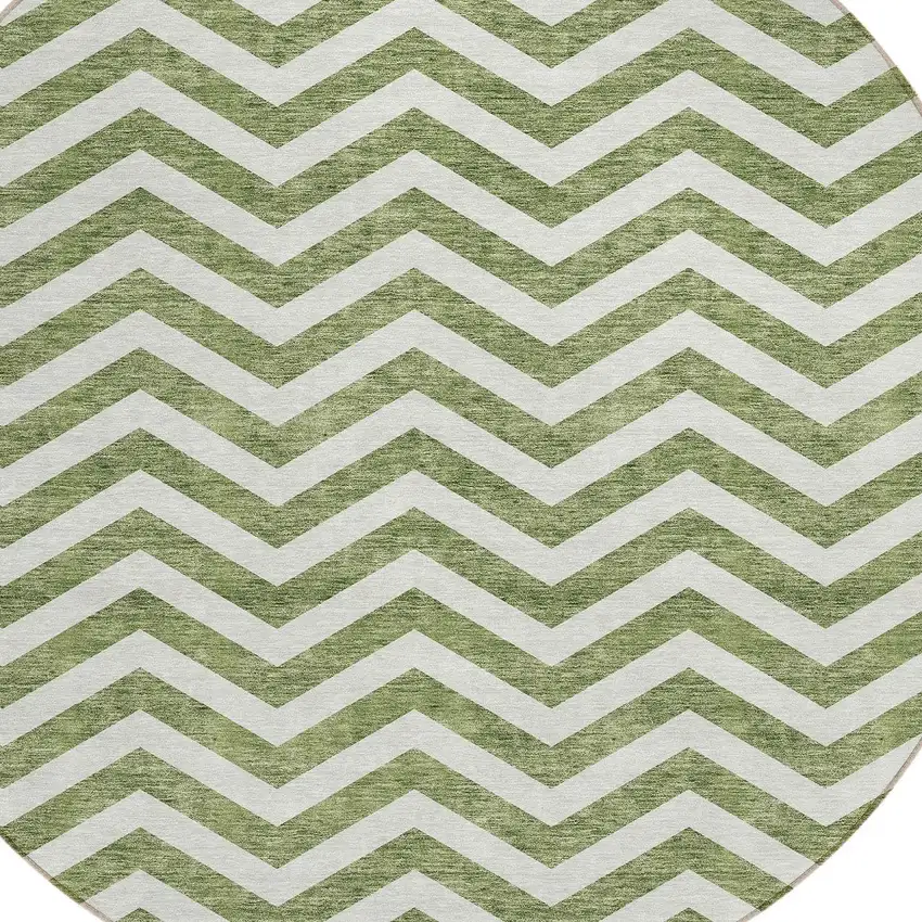 8' Green And Ivory Round Chevron Washable Indoor Outdoor Area Rug Photo 4