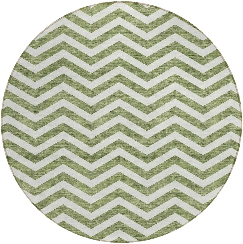 8' Green And Ivory Round Chevron Washable Indoor Outdoor Area Rug Photo 2