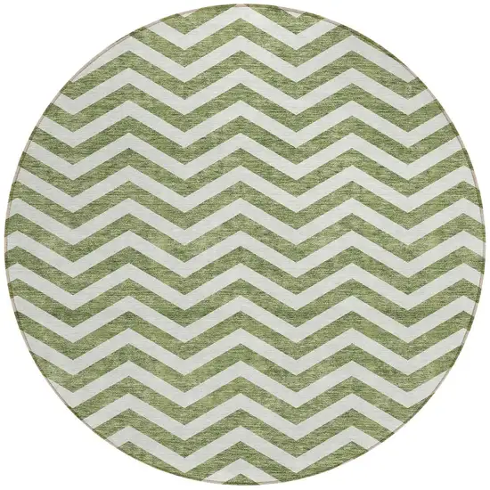 8' Green And Ivory Round Chevron Washable Indoor Outdoor Area Rug Photo 6