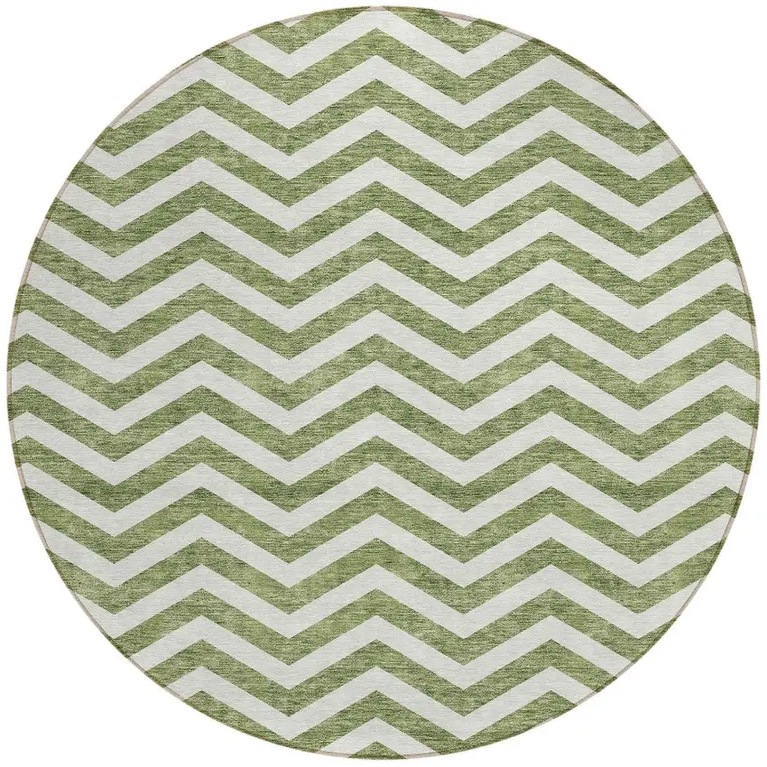 8' Green And Ivory Round Chevron Washable Indoor Outdoor Area Rug Photo 6