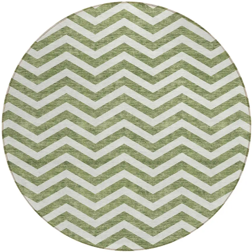 8' Green And Ivory Round Chevron Washable Indoor Outdoor Area Rug Photo 2