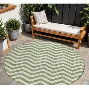 Photo of 8' Green And Ivory Round Chevron Washable Indoor Outdoor Area Rug