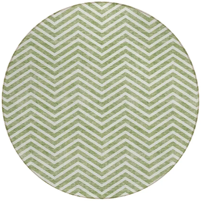 8' Green And Ivory Round Chevron Washable Indoor Outdoor Area Rug Photo 6