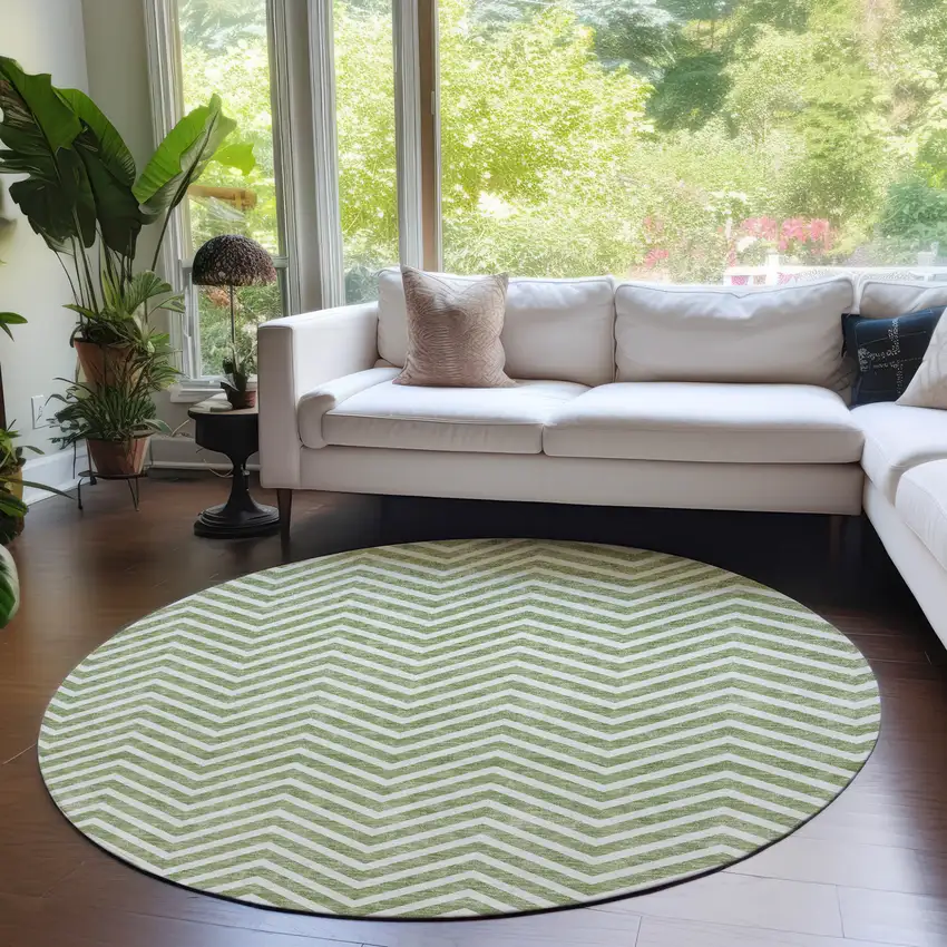 8' Green And Ivory Round Chevron Washable Indoor Outdoor Area Rug Photo 8