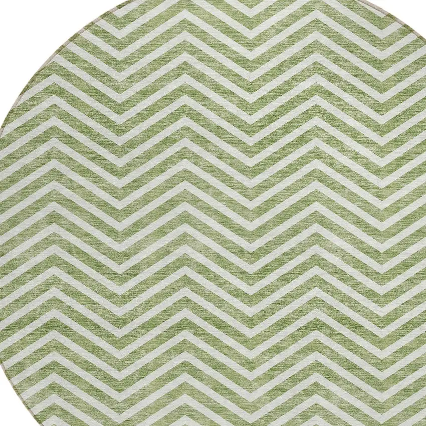 8' Green And Ivory Round Chevron Washable Indoor Outdoor Area Rug Photo 4