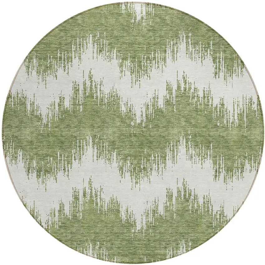 8' Green And Ivory Round Chevron Washable Indoor Outdoor Area Rug Photo 2