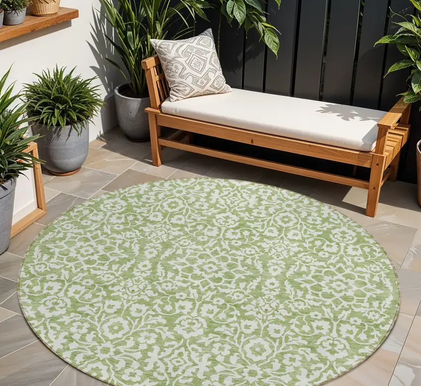 8' Green And Ivory Round Damask Washable Indoor Outdoor Area Rug Photo 1