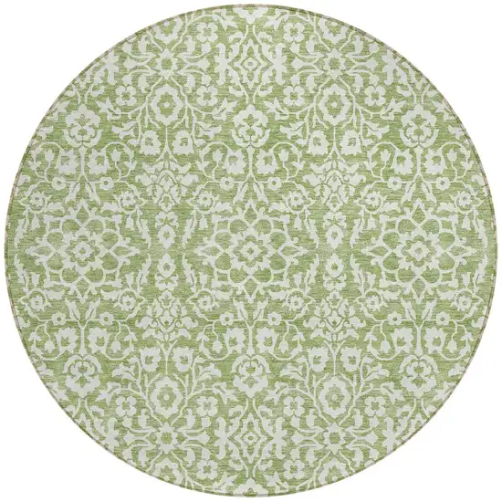 8' Green And Ivory Round Damask Washable Indoor Outdoor Area Rug Photo 5
