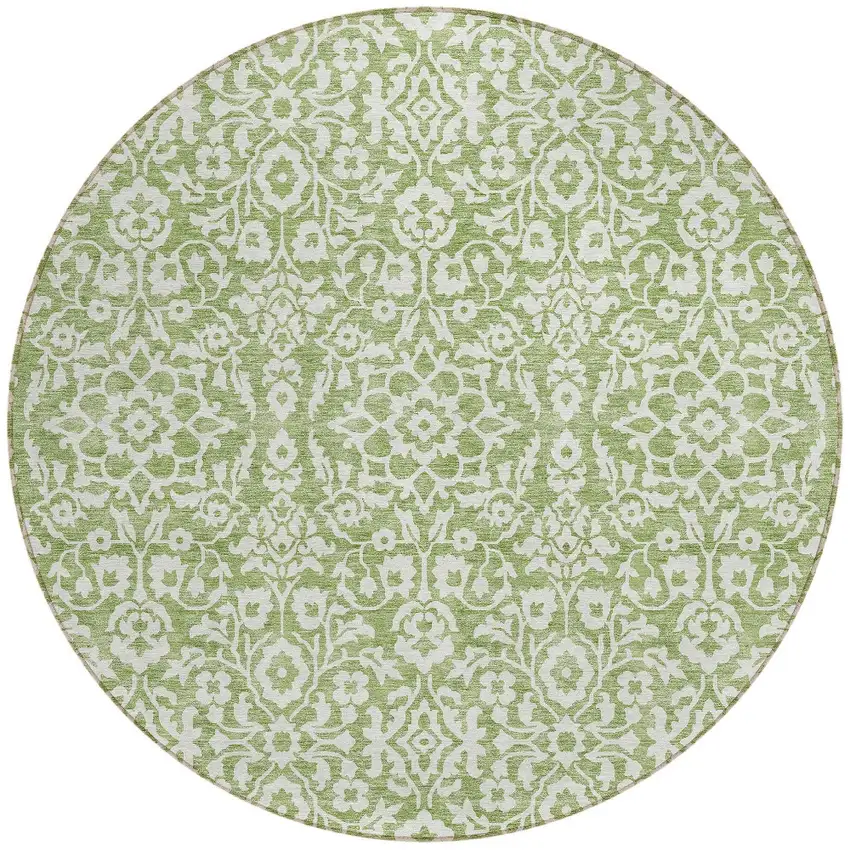 8' Green And Ivory Round Damask Washable Indoor Outdoor Area Rug Photo 5