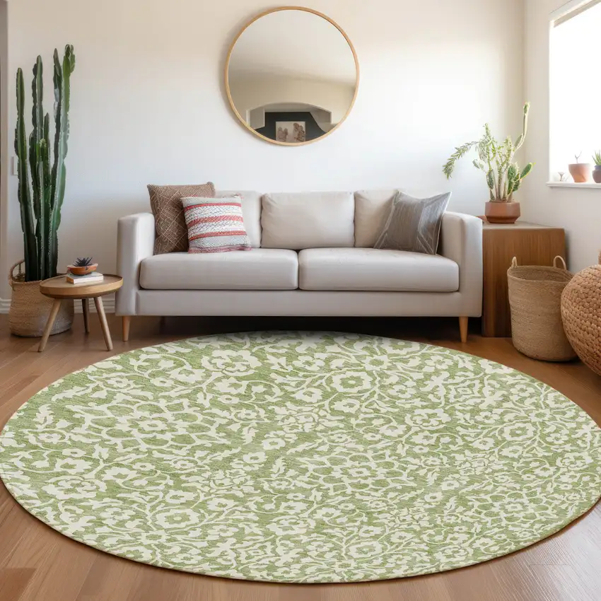 8' Green And Ivory Round Damask Washable Indoor Outdoor Area Rug Photo 7