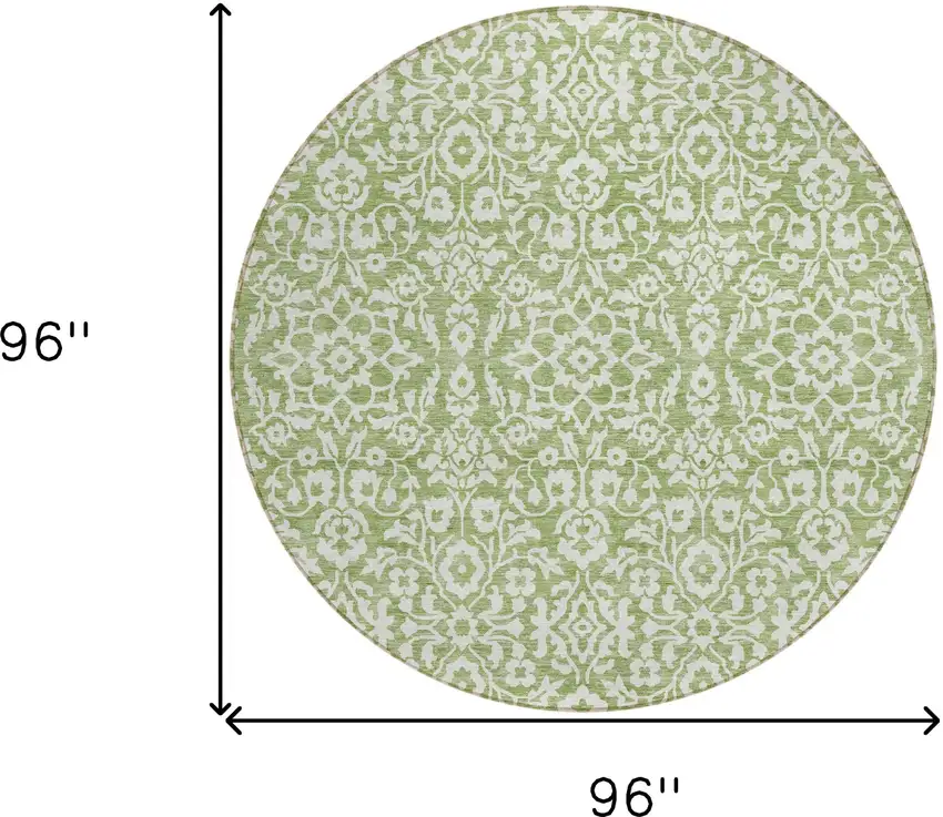8' Green And Ivory Round Damask Washable Indoor Outdoor Area Rug Photo 3