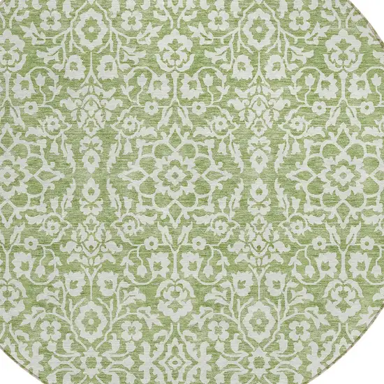 8' Green And Ivory Round Damask Washable Indoor Outdoor Area Rug Photo 4