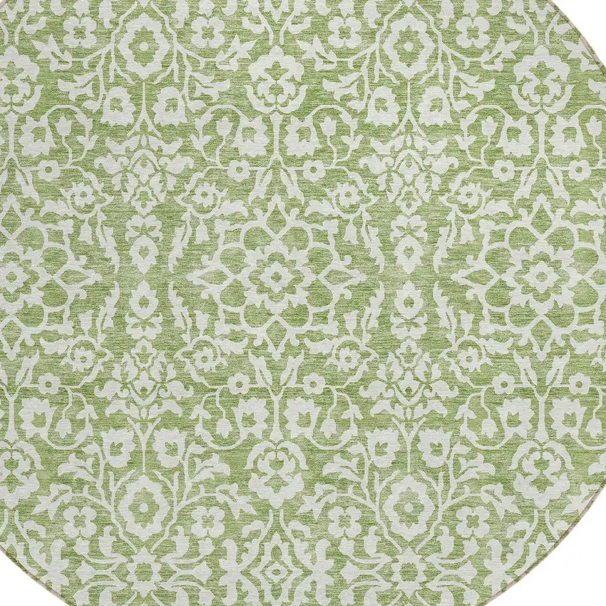 8' Green And Ivory Round Damask Washable Indoor Outdoor Area Rug Photo 4