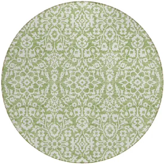 8' Green And Ivory Round Damask Washable Indoor Outdoor Area Rug Photo 2