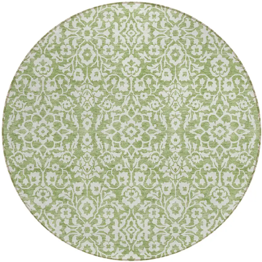 8' Green And Ivory Round Damask Washable Indoor Outdoor Area Rug Photo 2