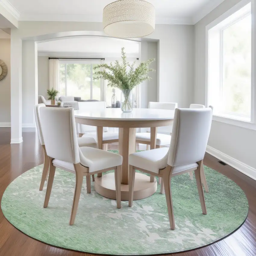 8' Green And Ivory Round Damask Washable Indoor Outdoor Area Rug Photo 6