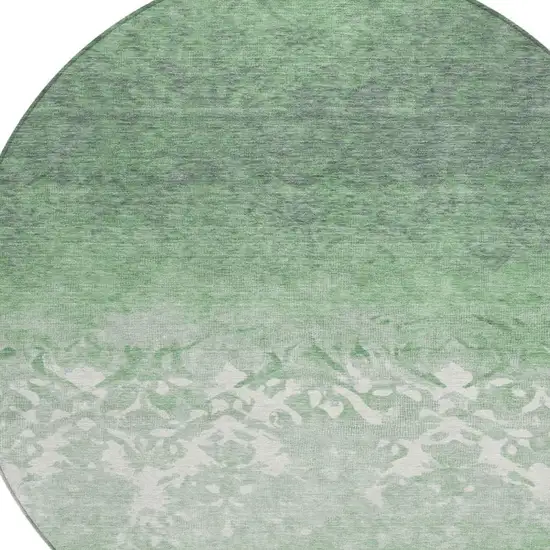 8' Green And Ivory Round Damask Washable Indoor Outdoor Area Rug Photo 4