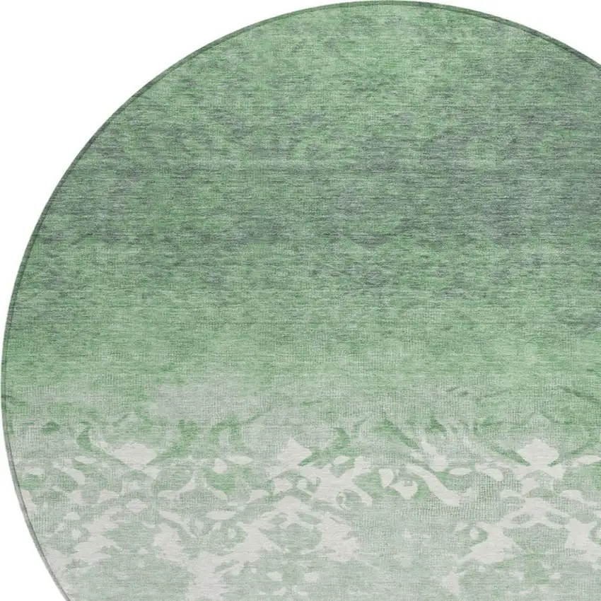 8' Green And Ivory Round Damask Washable Indoor Outdoor Area Rug Photo 8