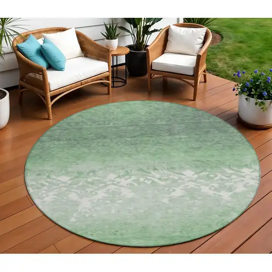8' Green And Ivory Round Damask Washable Indoor Outdoor Area Rug Photo 2