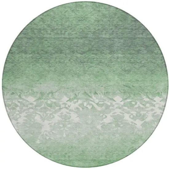 8' Green And Ivory Round Damask Washable Indoor Outdoor Area Rug Photo 1