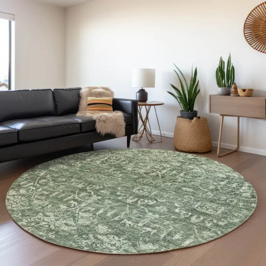 8' Green And Ivory Round Damask Washable Indoor Outdoor Area Rug Photo 4