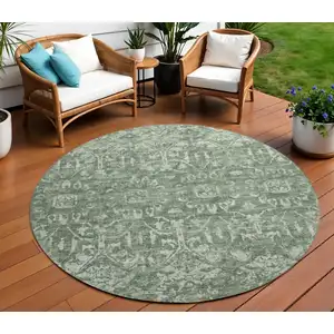 Photo of 8' Green And Ivory Round Damask Washable Indoor Outdoor Area Rug