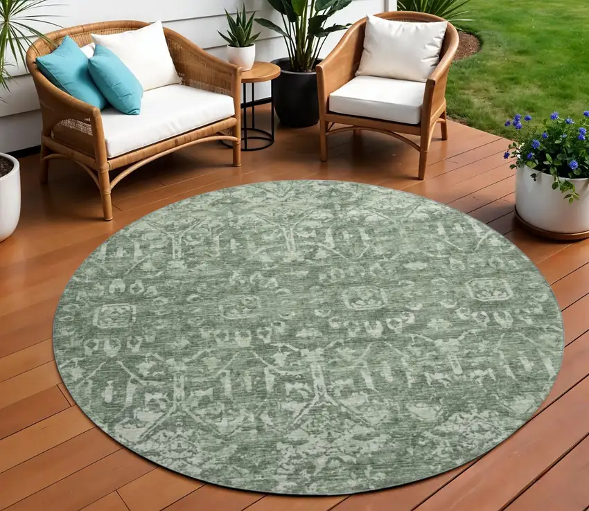 8' Green And Ivory Round Damask Washable Indoor Outdoor Area Rug Photo 1
