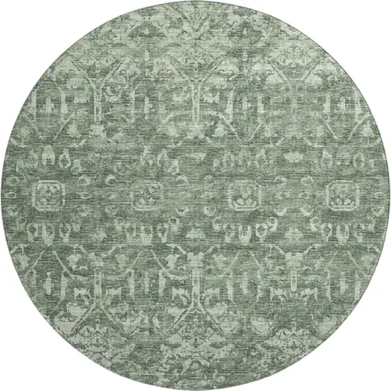 8' Green And Ivory Round Damask Washable Indoor Outdoor Area Rug Photo 2