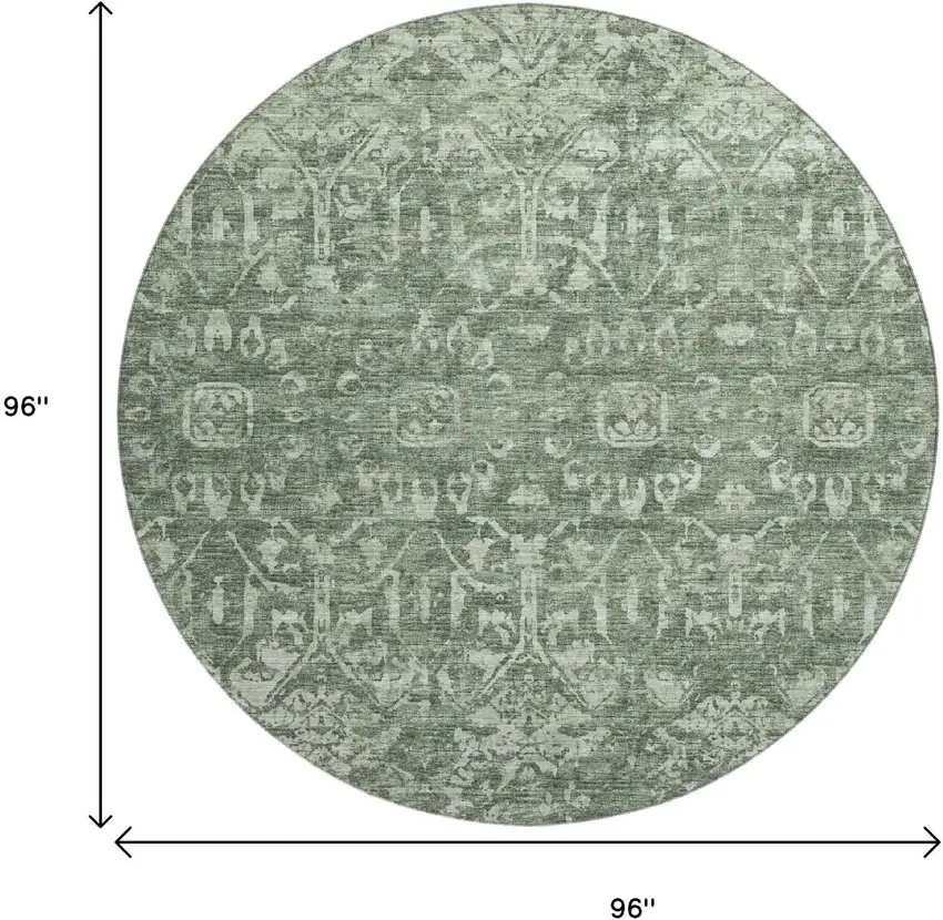 8' Green And Ivory Round Damask Washable Indoor Outdoor Area Rug Photo 3