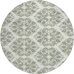 Photo of 8' Green And Ivory Round Damask Washable Indoor Outdoor Area Rug