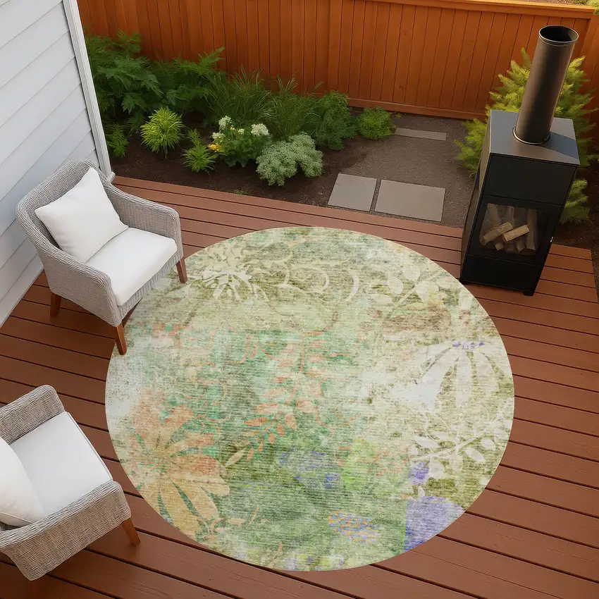 8' Green And Ivory Round Floral Washable Indoor Outdoor Area Rug Photo 7