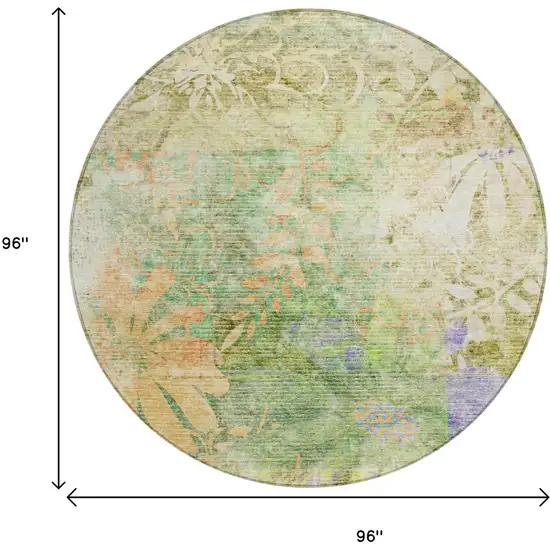 8' Green And Ivory Round Floral Washable Indoor Outdoor Area Rug Photo 3