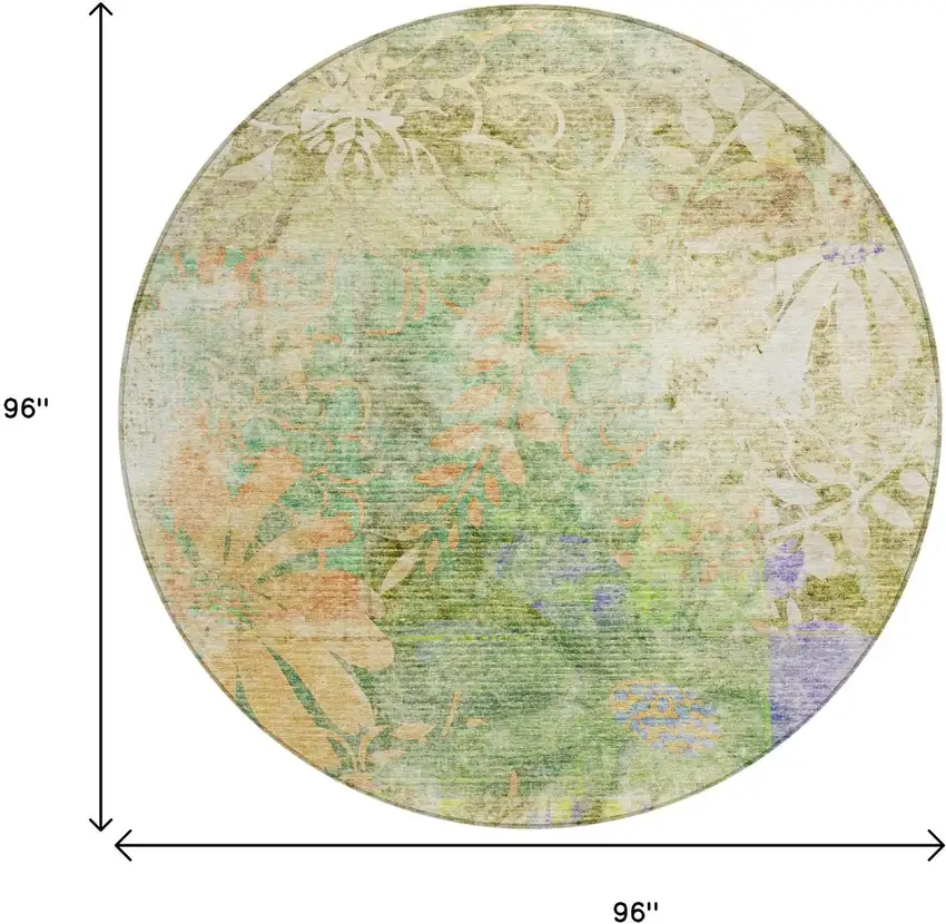 8' Green And Ivory Round Floral Washable Indoor Outdoor Area Rug Photo 3