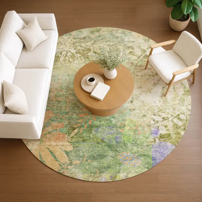 8' Green And Ivory Round Floral Washable Indoor Outdoor Area Rug Photo 8