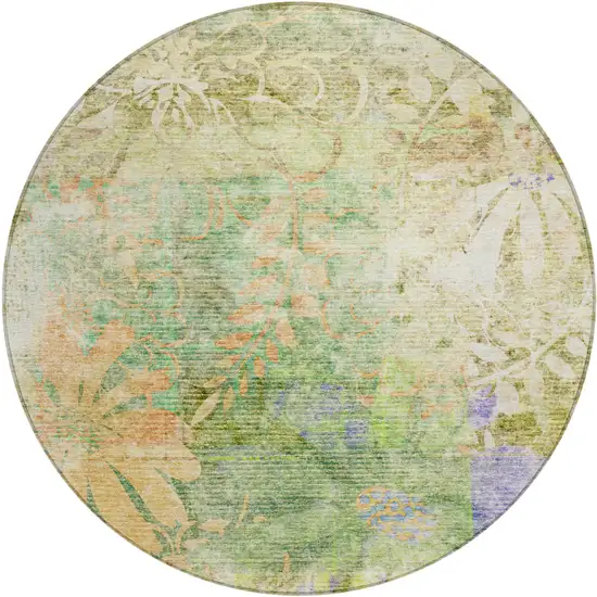 8' Green And Ivory Round Floral Washable Indoor Outdoor Area Rug Photo 2