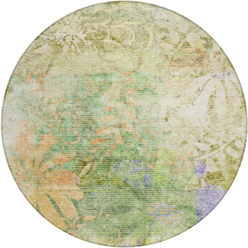 8' Green And Ivory Round Floral Washable Indoor Outdoor Area Rug Photo 2