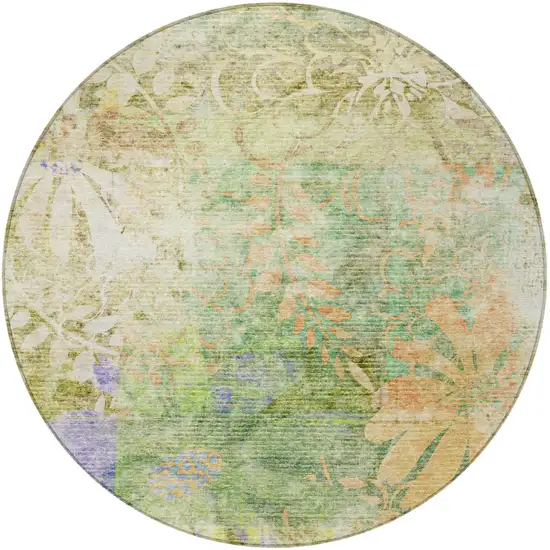 8' Green And Ivory Round Floral Washable Indoor Outdoor Area Rug Photo 4