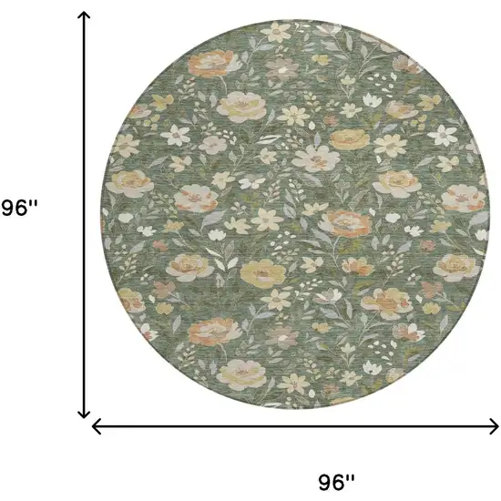 8' Green And Ivory Round Floral Washable Indoor Outdoor Area Rug Photo 8