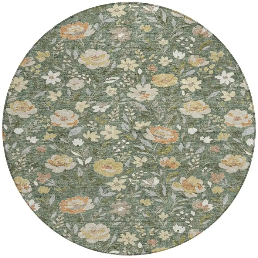 8' Green And Ivory Round Floral Washable Indoor Outdoor Area Rug Photo 2