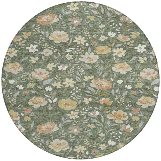 8' Green And Ivory Round Floral Washable Indoor Outdoor Area Rug Photo 2