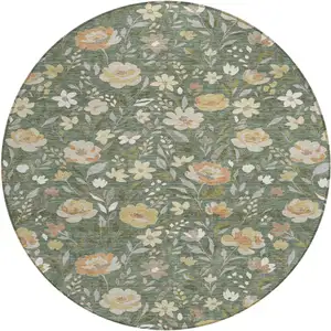 Photo of 8' Green And Ivory Round Floral Washable Indoor Outdoor Area Rug
