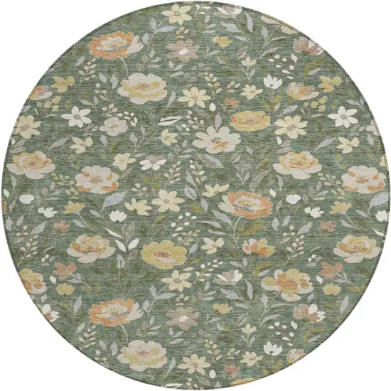 8' Green And Ivory Round Floral Washable Indoor Outdoor Area Rug Photo 1