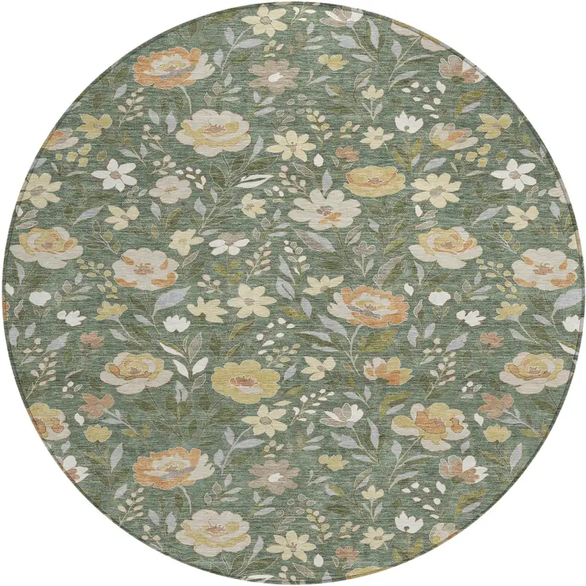 8' Green And Ivory Round Floral Washable Indoor Outdoor Area Rug Photo 1