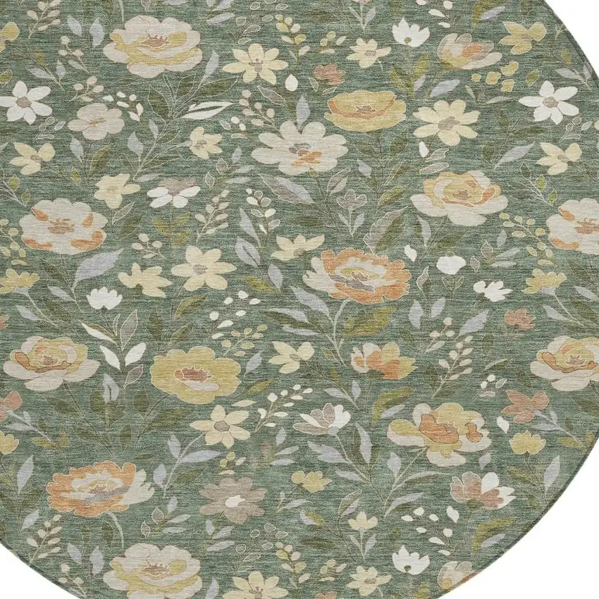 8' Green And Ivory Round Floral Washable Indoor Outdoor Area Rug Photo 3