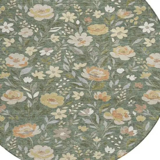 8' Green And Ivory Round Floral Washable Indoor Outdoor Area Rug Photo 3