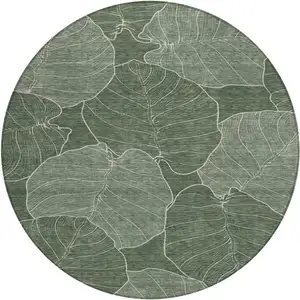 Photo of 8' Green And Ivory Round Floral Washable Indoor Outdoor Area Rug