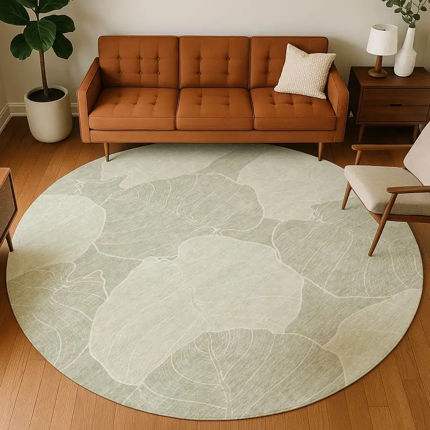 8' Green And Ivory Round Floral Washable Indoor Outdoor Area Rug Photo 5