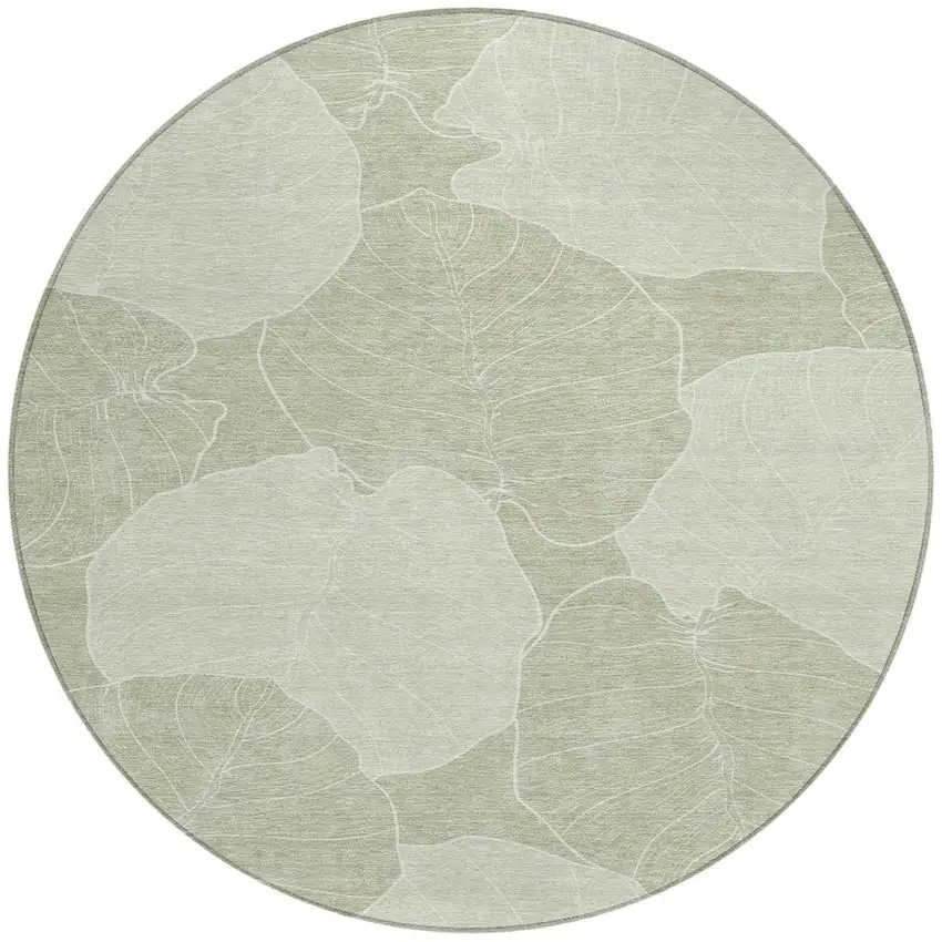 8' Green And Ivory Round Floral Washable Indoor Outdoor Area Rug Photo 3
