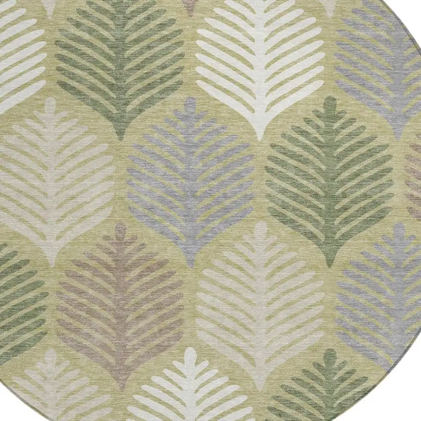 8' Green And Ivory Round Floral Washable Indoor Outdoor Area Rug Photo 3